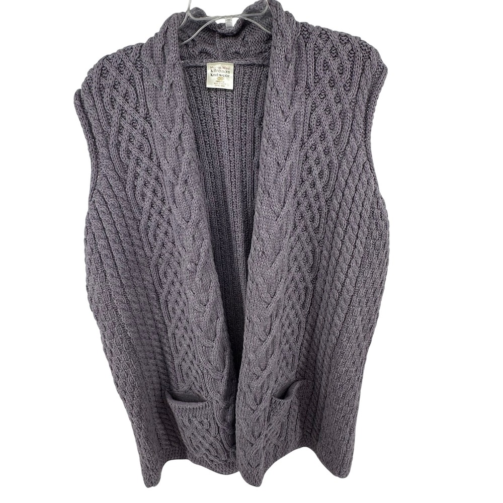 Kilronan Knitwear Merino Wool Cable Knit Vest Purple Ireland Made Shawl Collar - Picture 2 of 13
